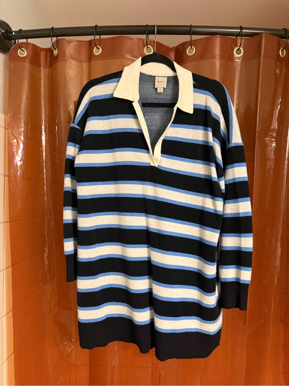 Maeve Striped Polo Sweater — Black, Light Blue & Cream